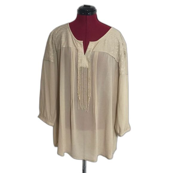 Chico's Sheer Cream Blouse with Beaded Fringe Detail Women Size XXL Embroidered - Picture 12 of 12